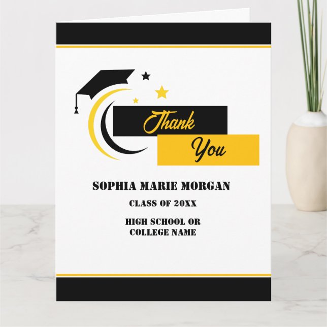 Yellow Black White Graduation  Classic Thank You Card (Front)