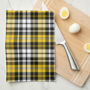Yellow Black White Plaid Tartan Pattern Design  Tea Towel