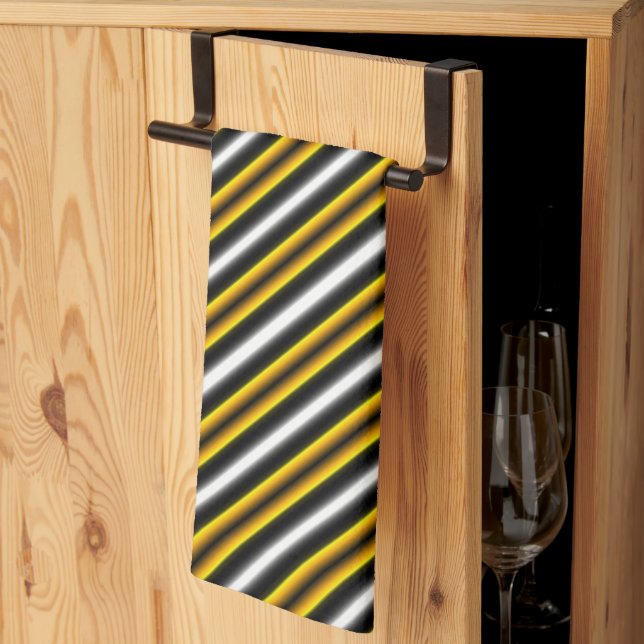 Yellow Black White Rainbow Stripes Tea Towel (Thirds Fold)