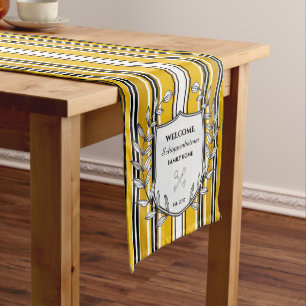 Yellow Black White Stripe Welcome Family Crest Long Table Runner