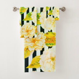 Yellow, Black & White Striped Towel Set