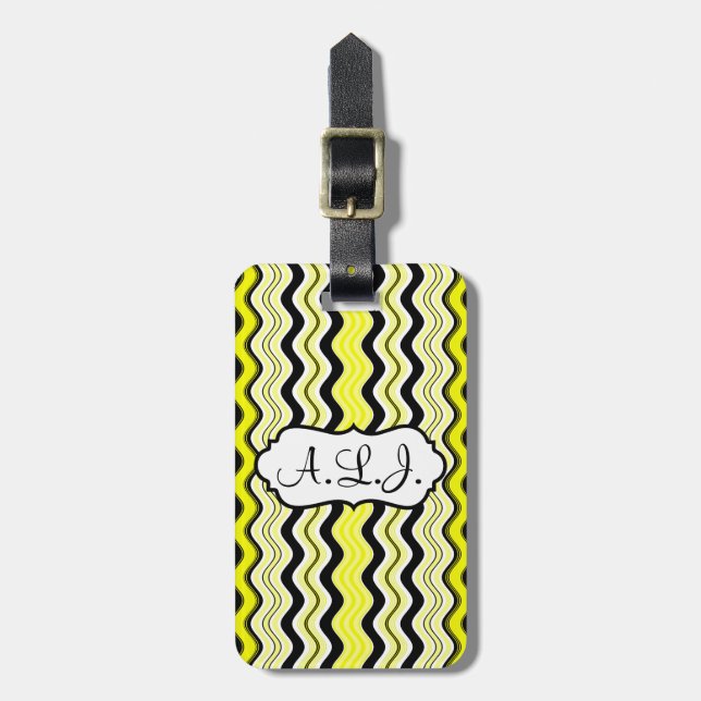 Yellow, Black, White Wavy Stripes Luggage Tag (Front Vertical)