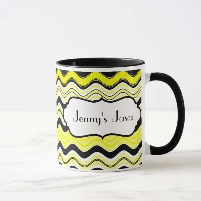 Yellow, Black, White Wavy Stripes Personalised Mug (Right)