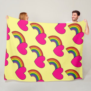 Yellow Blanket With Rainbows and Hot Pink Hearts