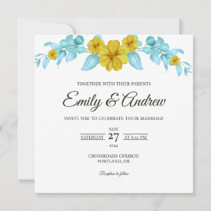 Yellow Bloom Arch Floral Watercolor Square Wedding Invitation