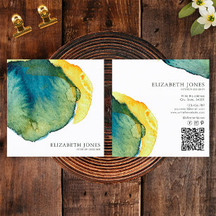 Yellow Blue Abstract Watercolor Interior Designer Square Business Card