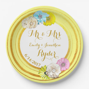 Yellow, Blue and Gold Floral Wedding Paper Plates