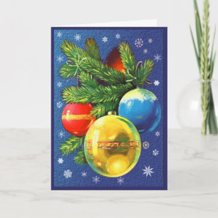 Yellow, Blue, And Red Ornaments Greetings Card