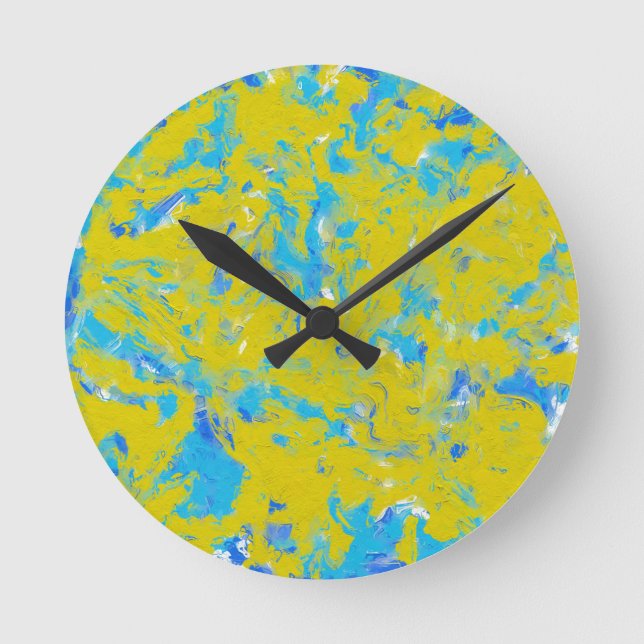Yellow, Blue and White Swirls  Round Clock (Front)