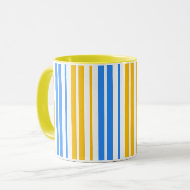 Yellow Blue and White Vertical Stripes Pattern  Mug (Front Left)