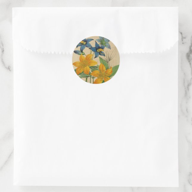 Yellow & Blue Antique Botanical Art  Classic Round Sticker (Bag)