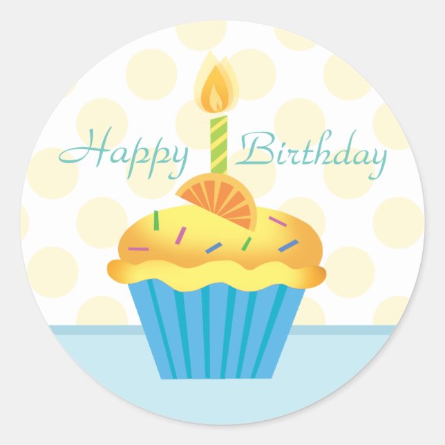 Yellow & Blue Birthday Cupcake Sticker (Front)