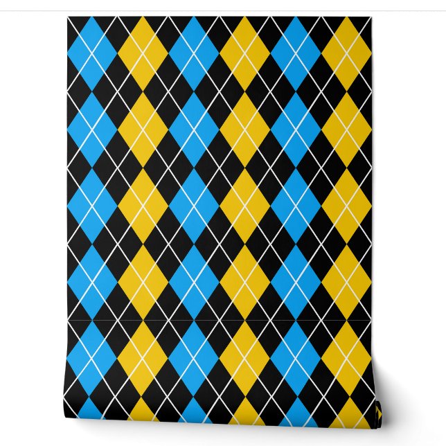 Yellow Blue Black Argyle Diamond Design  Wallpaper (Unrolling)