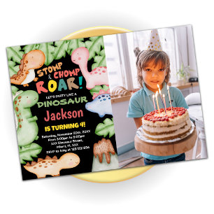 Yellow Blue Black Dinosaur Birthday with photo Invitation