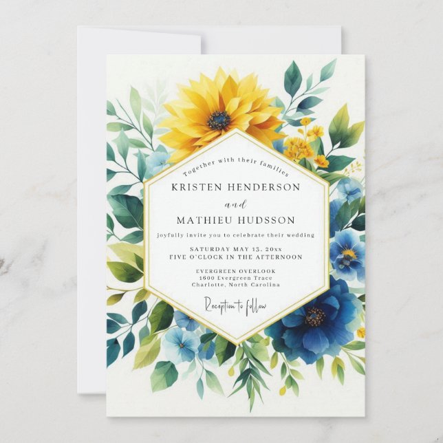 Yellow Blue Botanical Bloom Wedding Invitation (Front)