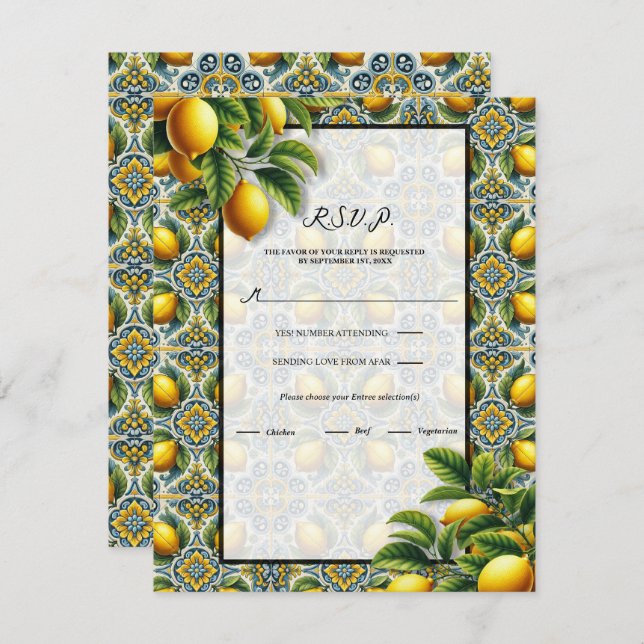 Yellow Blue Capri Lemon Mediterranean Tile RSVP Invitation (Front/Back)