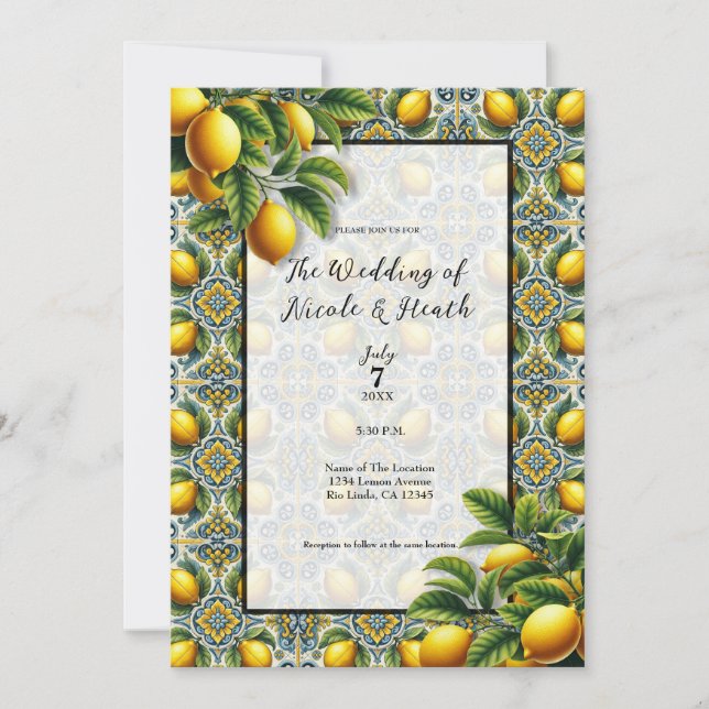 Yellow Blue Capri Lemon Mediterranean Tile Wedding Invitation (Front)