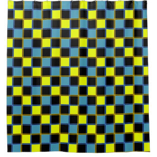 Yellow blue checkered geometric pattern  shower curtain