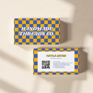Yellow Blue Chequerboard Modern Retro Business Card