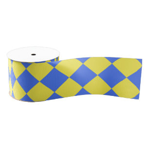 Yellow Blue Chequered Diamond Pattern Grosgrain Ribbon