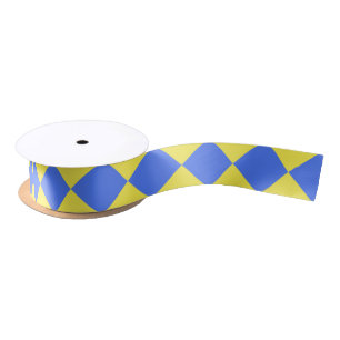 Yellow Blue Chequered Diamond Pattern Satin Ribbon