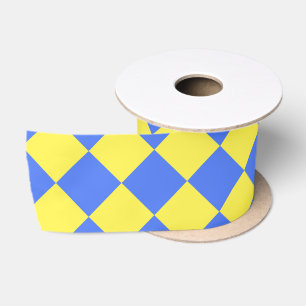 Yellow Blue Chequered Diamond Pattern Satin Ribbon