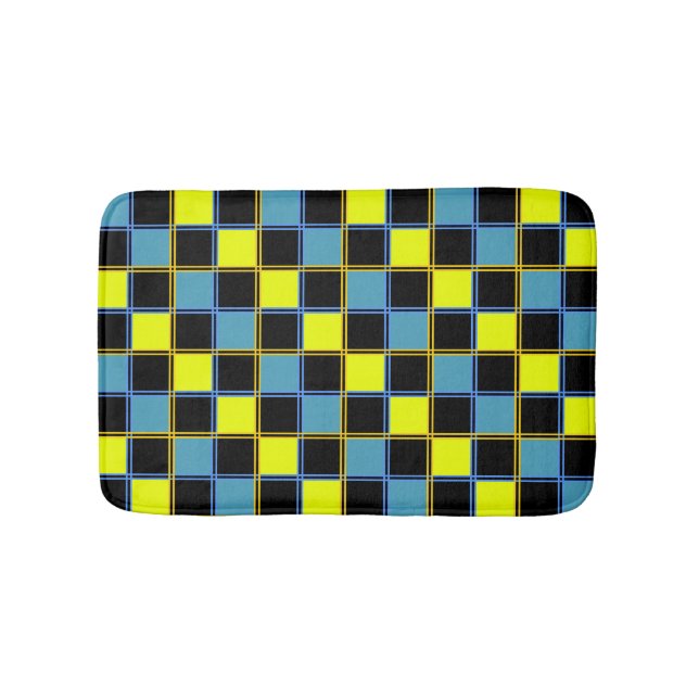 Yellow blue chequered geometric pattern  bath mat (Front)