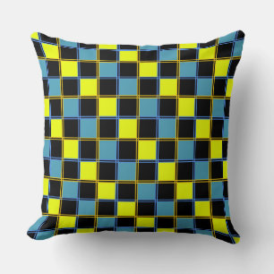 Yellow blue chequered geometric pattern cushion