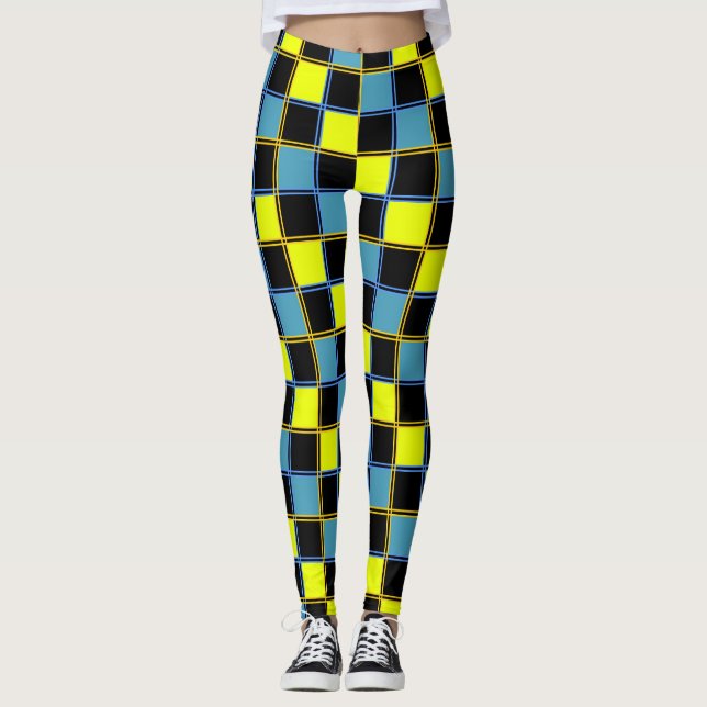 Yellow blue chequered geometric pattern leggings (Front)