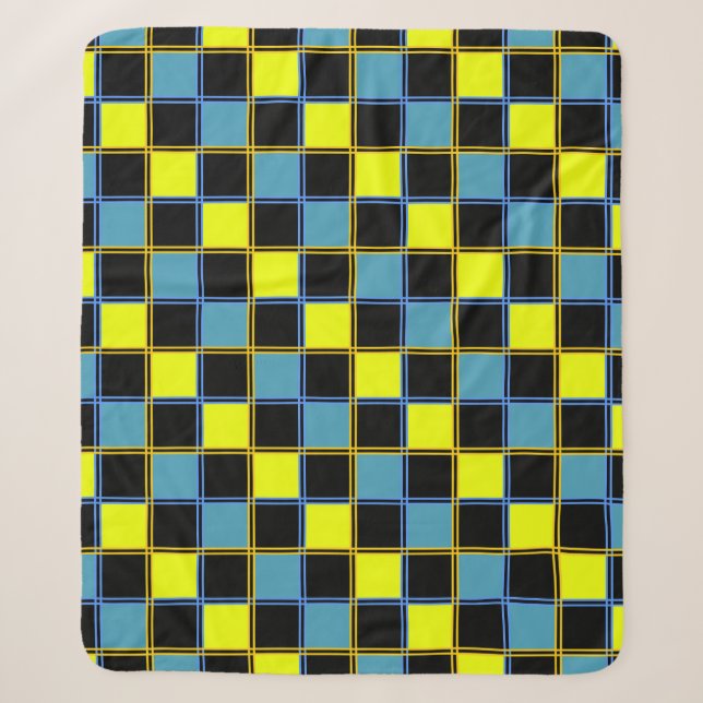 Yellow blue chequered geometric pattern sherpa blanket (Front)