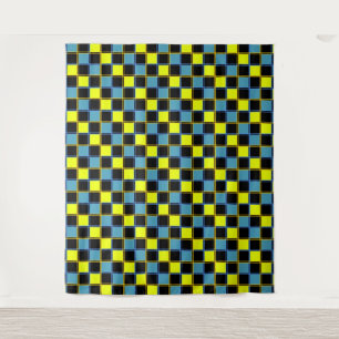 Yellow blue chequered geometric pattern tapestry