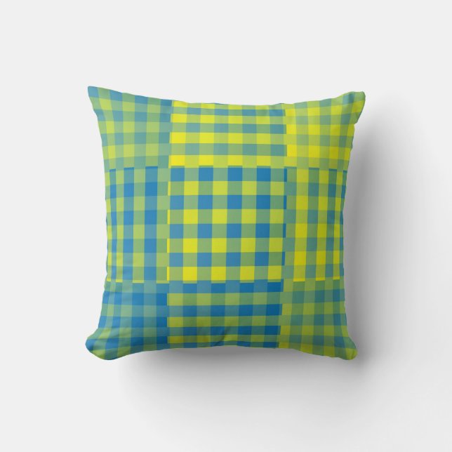 Yellow Blue Chequered Patchwork Pattern Cushion (Front)
