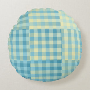 Yellow Blue Chequered Patchwork Pattern Round Cushion