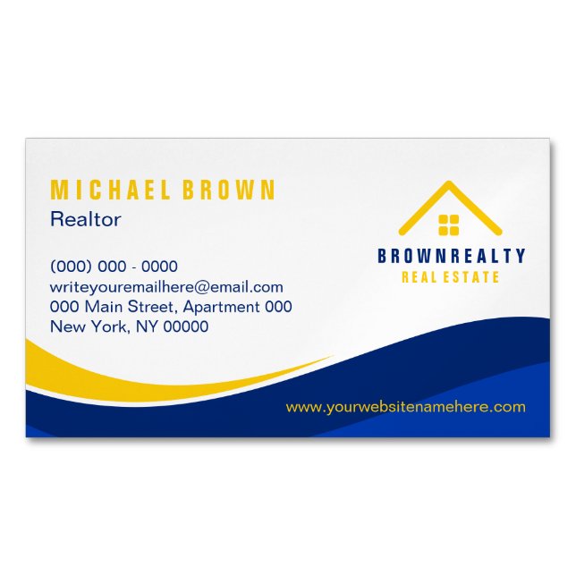 Yellow Blue Classic Roof and Window Logo Rent Home Magnetic Business Card (Front)