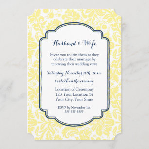 Yellow Blue Damask Vintage Vow Renewal Invitation
