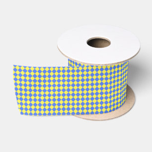 Yellow Blue Diamond Chequered Pattern Satin Ribbon