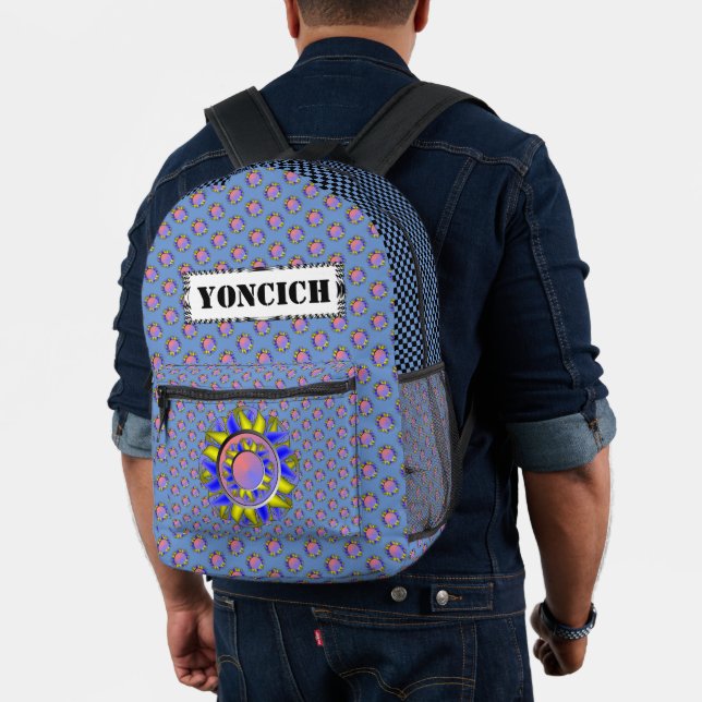 Yellow-Blue Disc Ribbon by Kenneth Yoncich Printed Backpack (Insitu (Model))