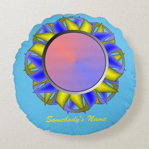 Yellow-Blue Disc Ribbon by Kenneth Yoncich Round Cushion