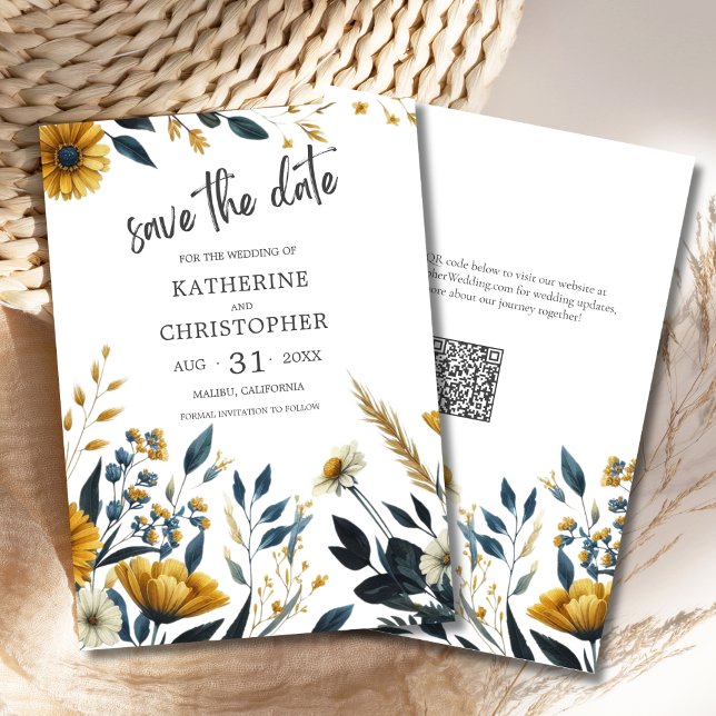 Yellow Blue Elegant Wildflower Wedding Save The Date (Blue Yellow Wildflower Floral Elegant Save the Date Card with QR Code for Wedding Website.)