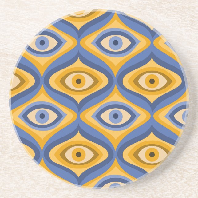 Yellow Blue Eye Art Deco Geometric Pattern Coaster (Front)