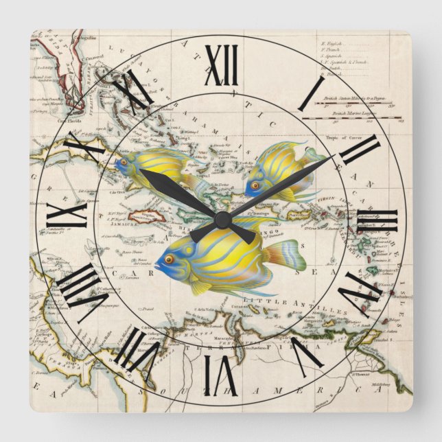 Yellow & Blue Fish ~ West Indies ~ Caribbean Sea ~ Square Wall Clock (Front)