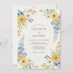 Yellow Blue Floral Accent Wedding Invitation