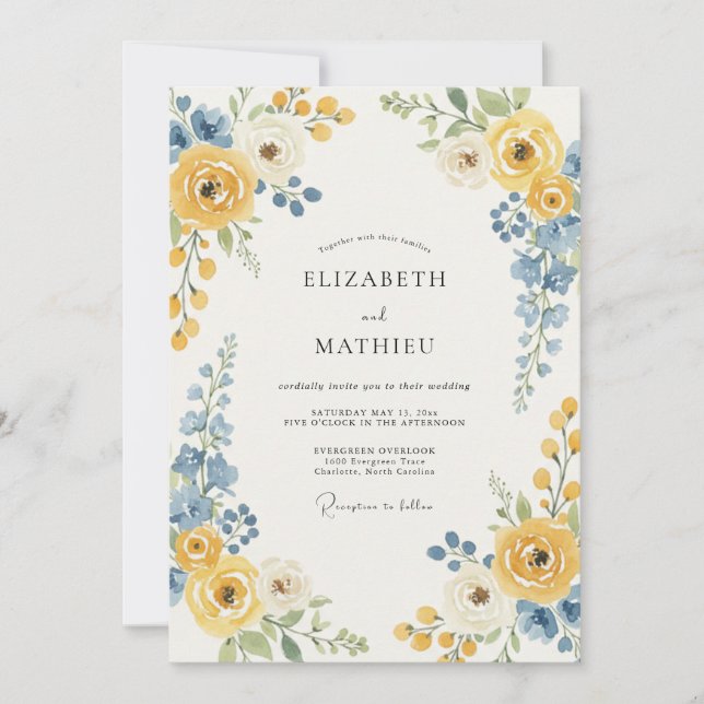 Yellow Blue Floral Accent Wedding Invitation (Front)