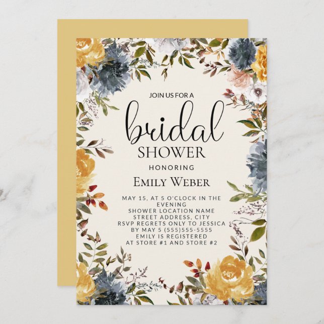 Yellow Blue Floral Bridal Shower Invitation (Front/Back)