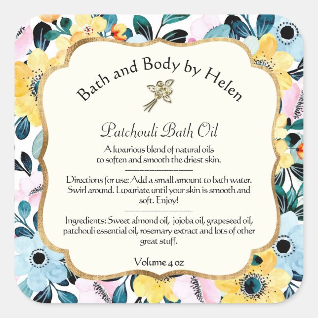 Yellow & Blue Floral Cosmetics Label w Ingredients (Front)
