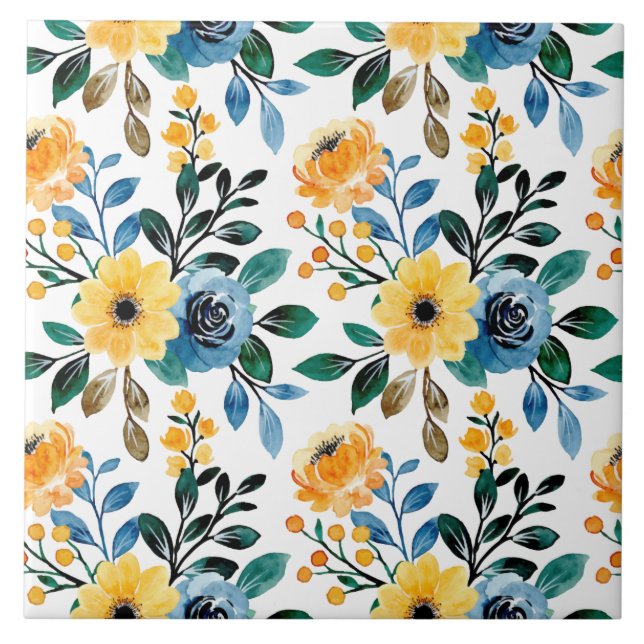 Yellow blue floral daisy pattern garden flowers  tile (Front)