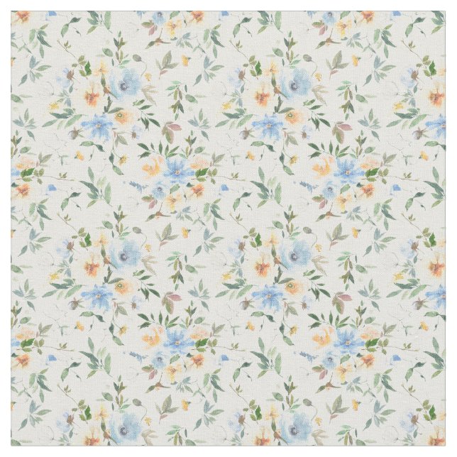 Yellow Blue Floral Pattern Cotton  Fabric (Close Up)