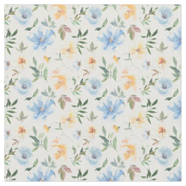 Yellow Blue Floral Pattern Cotton  Fabric (Close Up)