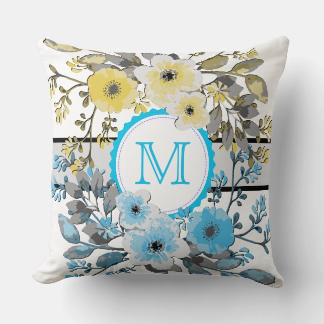 Yellow Blue Floral Vintage Monogram Cushion (Front)