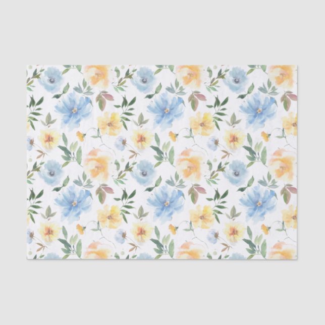 Yellow Blue Floral Watercolor Decoupage Tissue Paper (Front)